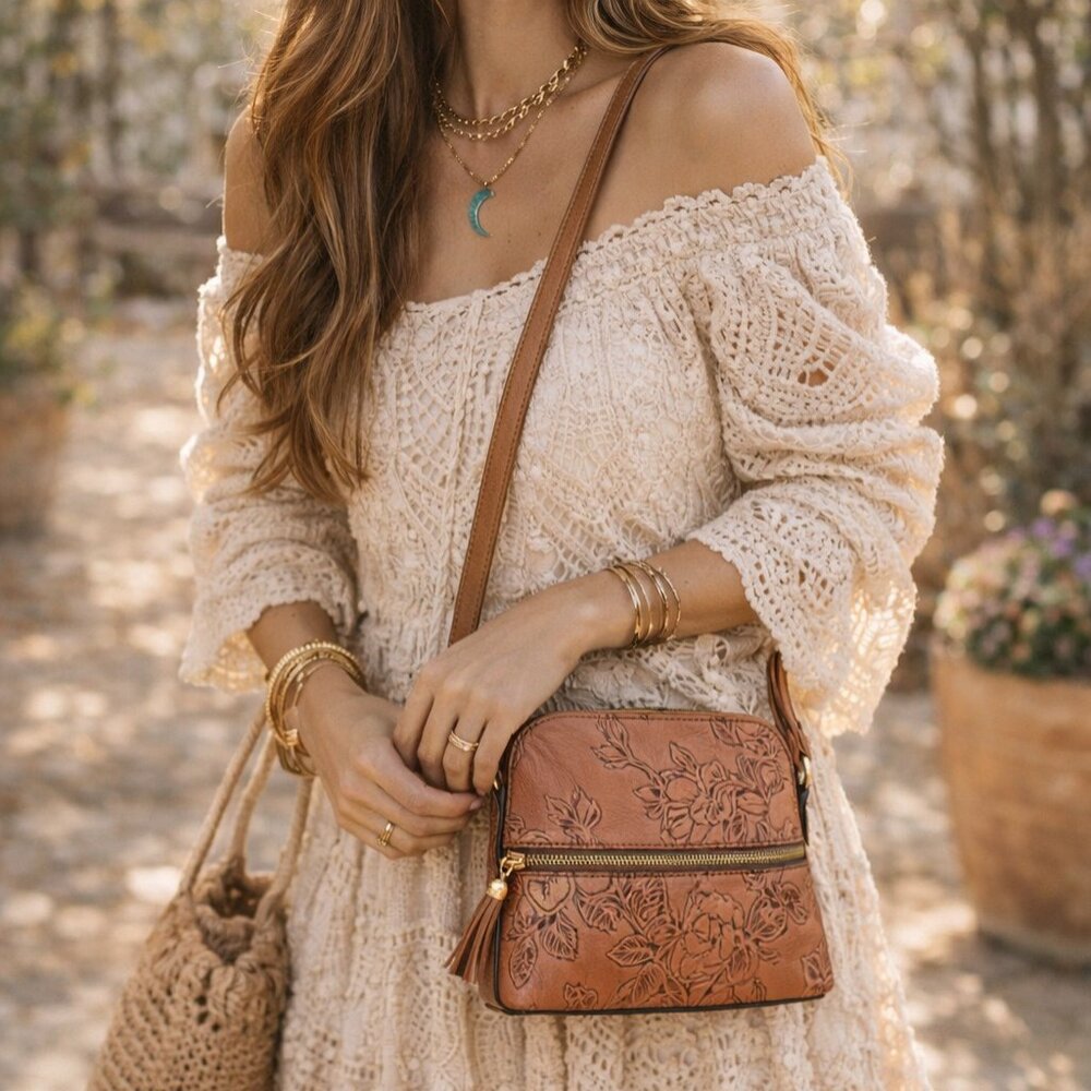 Le Bag Floral Embossed Brown Crossbody Boho Mini Purse Tassel